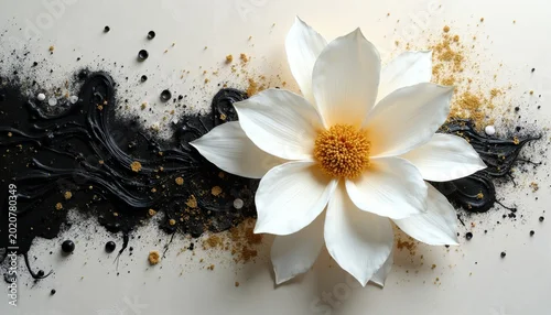 Panel kuchenny z motywem White dahlia flower with abstract black, gold paint splatters on textured cream surface. Delicate petals, golden stamen contrast bold dark brushstrokes. Minimalist elegant composition, artistic