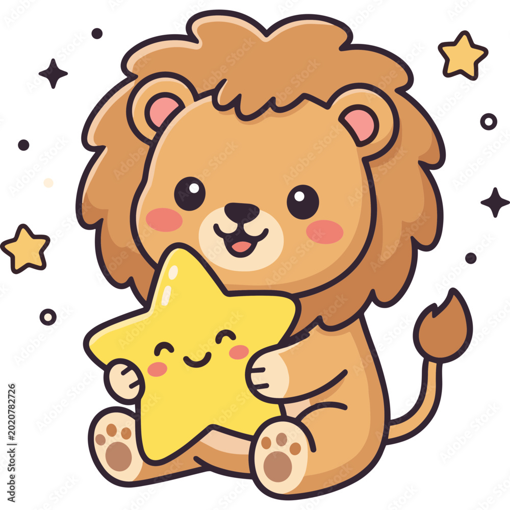Fototapeta premium A cute lion holds a smiling star in a magical night scene