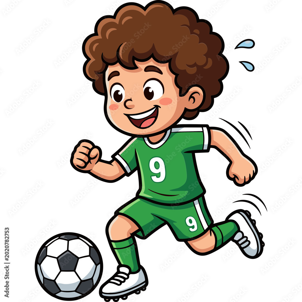 Obraz premium A young boy in green soccer uniform runs with a ball on field