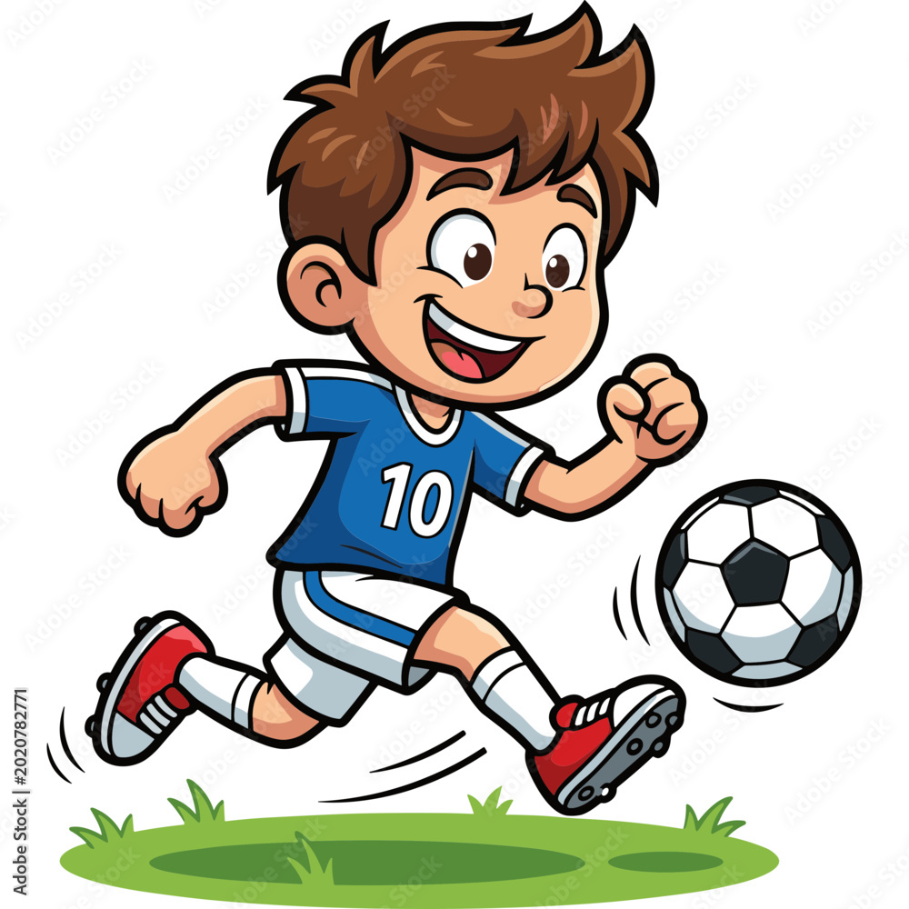 Obraz premium A young boy kicks a soccer ball on a green field enthusiastically.