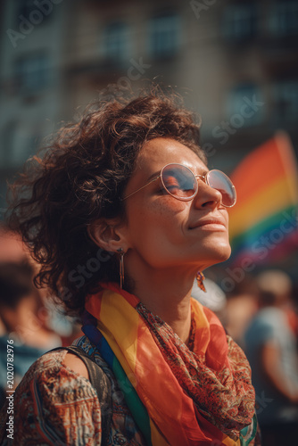 Lesbian Woman Wearing Sunglasses and Rainbow Scarf During LGBTQ Pride March Celebration on Sunny City Street