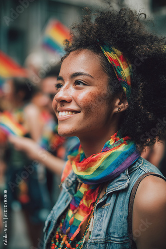 Lesbian Woman Smiling With Rainbow Scarf During Inclusive LGBTQ Pride Celebration and Community Festival Outdoors