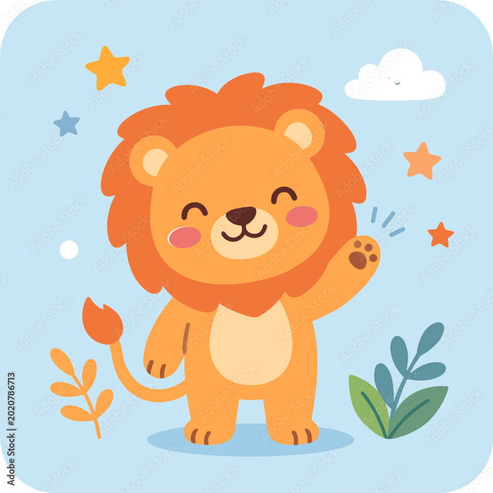 Fototapeta premium A cartoon lion waving with stars and leaves on a blue background