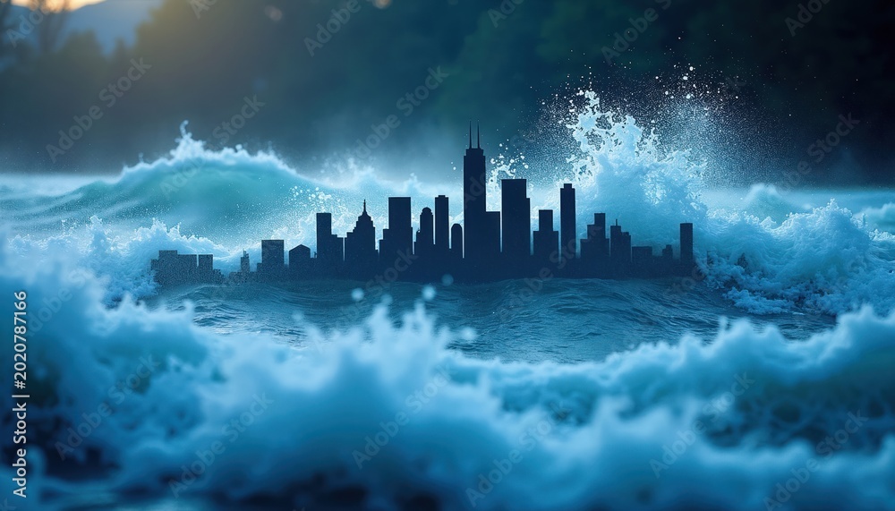 Fototapeta premium City silhouette emerges from powerful ocean waves. Turbulent sea splashes against urban buildings. Dynamic water motion contrasts with static metropolis.