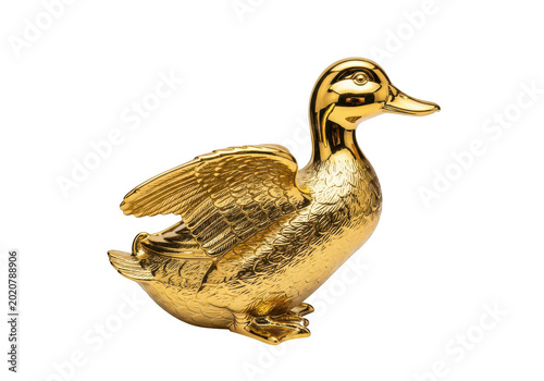 Golden shiny metal duck figurine standing as a decorative home ornament