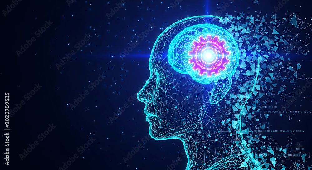 Obraz premium Abstract representation of a human head with a glowing gear inside the brain, symbolizing artificial intelligence and technology.