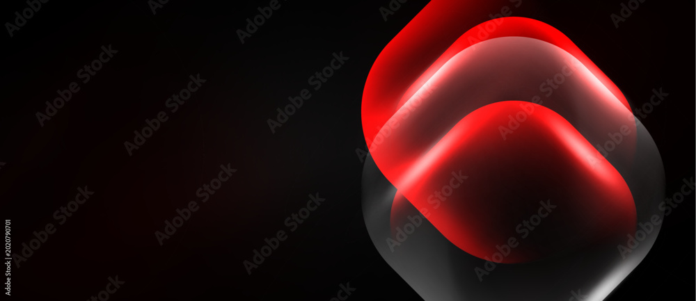 Naklejka premium Abstract red shapes overlap black background. Glossy effect creates depth, modern design element. Minimalist composition, vibrant color.