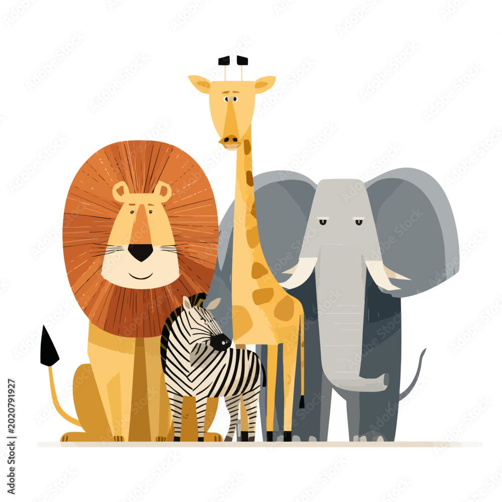 Fototapeta premium Cartoon safari animals: lion, giraffe, elephant, zebra group illustration