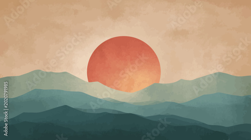 Abstract landscape with red sun over blue mountains in vintage style
