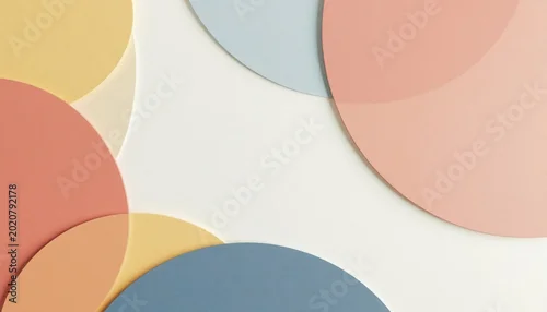 Panel kuchenny z motywem Abstract pastel circles overlap on white background. Soft geometric shapes in coral, yellow, blue, and pink create clean, modern, minimal design. Good for decor, web, print.