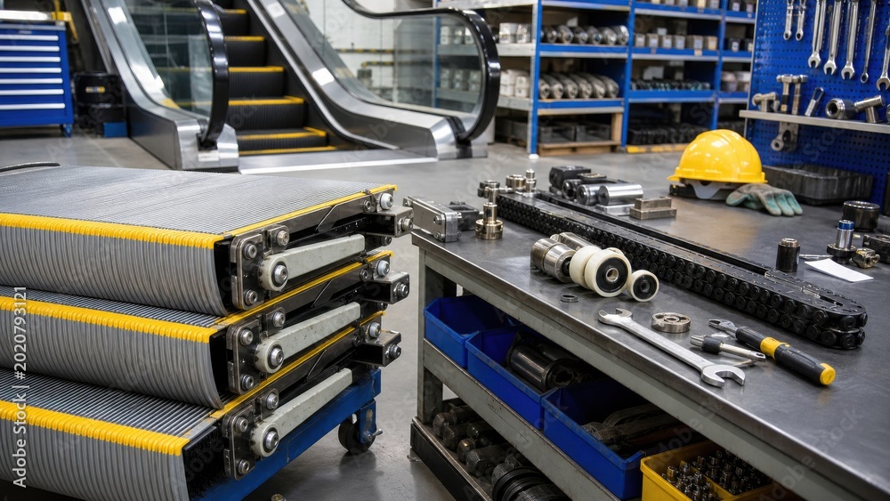 Fototapeta premium Equipment and tools are arranged in a workshop with escalators in the background, showcasing a work area filled with machinery and parts