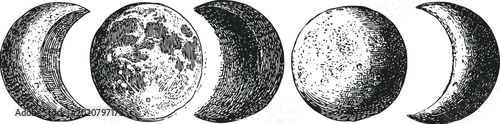 Vintage moon phases set lunar cycle sketch, waxing waning crescent half full dark celestial astronomy night sky celestial body illustration