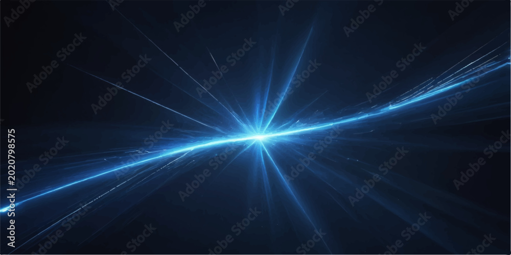 Fototapeta premium Glowing blue abstract background features a bright digital space burst with fractal light rays, energy flares, and a motion speed pattern of sparkling stars