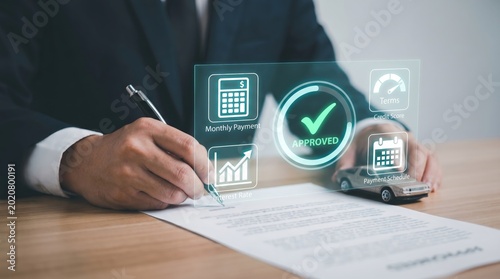 Auto Loan Approval and Car Finance Concept: Person Signing Contract with Holographic Monthly Payment, Interest Rate, and Credit Score Data Interface