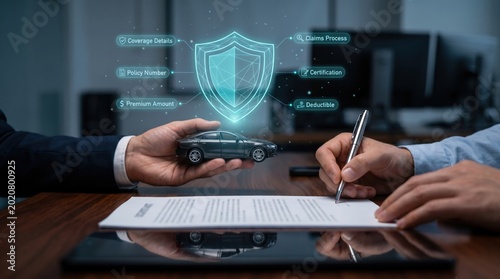 Car Insurance and Vehicle Protection Concept: Hands Signing Contract with Holographic Security Shield, Policy Details, and Premium Data Network