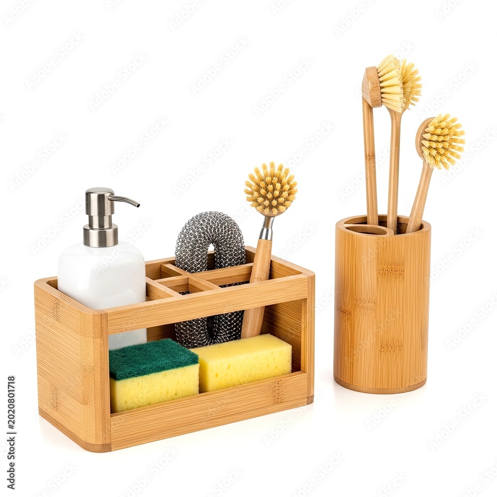 Obraz premium Modern Bamboo Bathroom Vanity Set with Soap Dispenser and Brush Holder