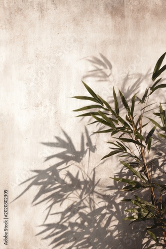 Sunlit bamboo leaves casting shadows on weathered concrete wall