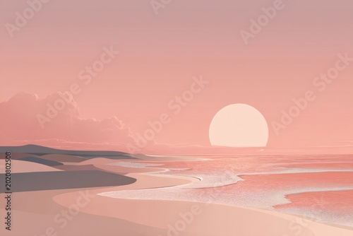 Tranquil sunset over serene beach with gentle waves and pastel skies