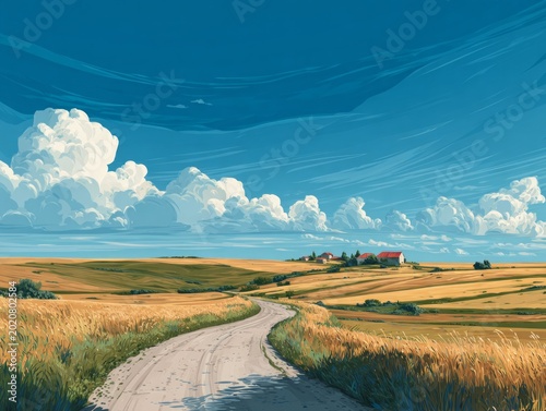 Rural landscape with winding path and rolling fields under blue sky and clouds