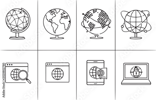 Global network icon set, minimalist world globe vector illustrations, digital connectivity and internet browser symbols, 8 linear technology icons