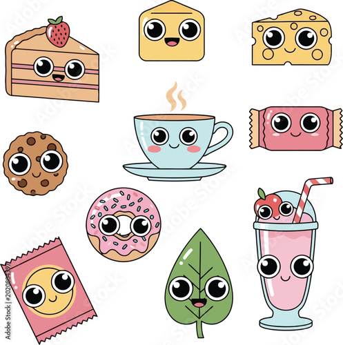 Set of cute kawaii food and drink characters with big eyes including cake donut cookie cheese and a warm coffee cup
