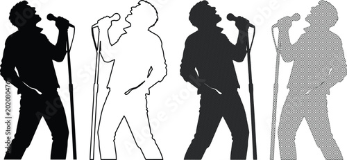 Photography Dynamic male singer silhouette vector set, expressive vocalist performing with m