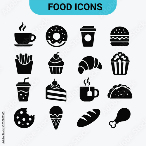 Modern Black Food and Drink Icons for Catering Services and Food App Interface Design
 Keywords: