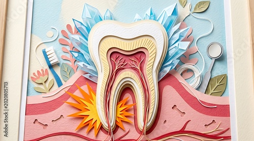 Paper Cut Tooth Sensitivity Concept, Layered Tooth With Ice And Pain Glow Elements