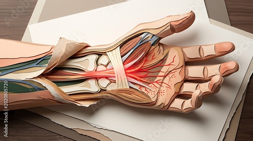 Paper Cut Wrist Pain Illustration, Hand And Joint Layers With Red Glow