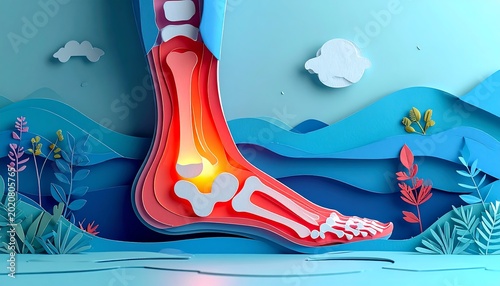 Paper Cut Ankle Injury Concept, Layered Joint Shapes With Swelling Highlight