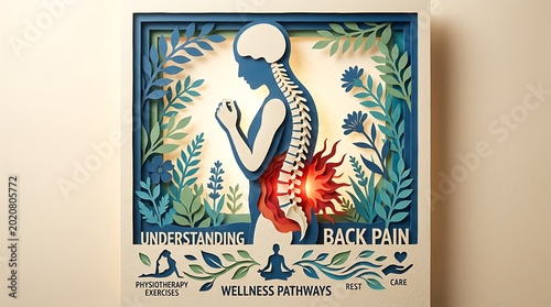 Paper Cut Back Pain Concept, Human Spine Silhouette With Glowing Red Area