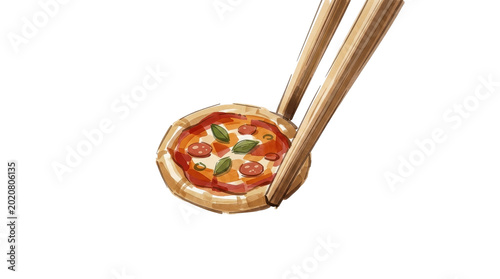 Small illustrated pizza held by chopsticks on a transparent png background.