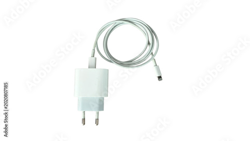 White mobile phone charger with Lightning cable on transparent background