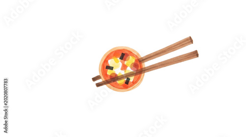 Bowl of pizza with chopsticks on png background.