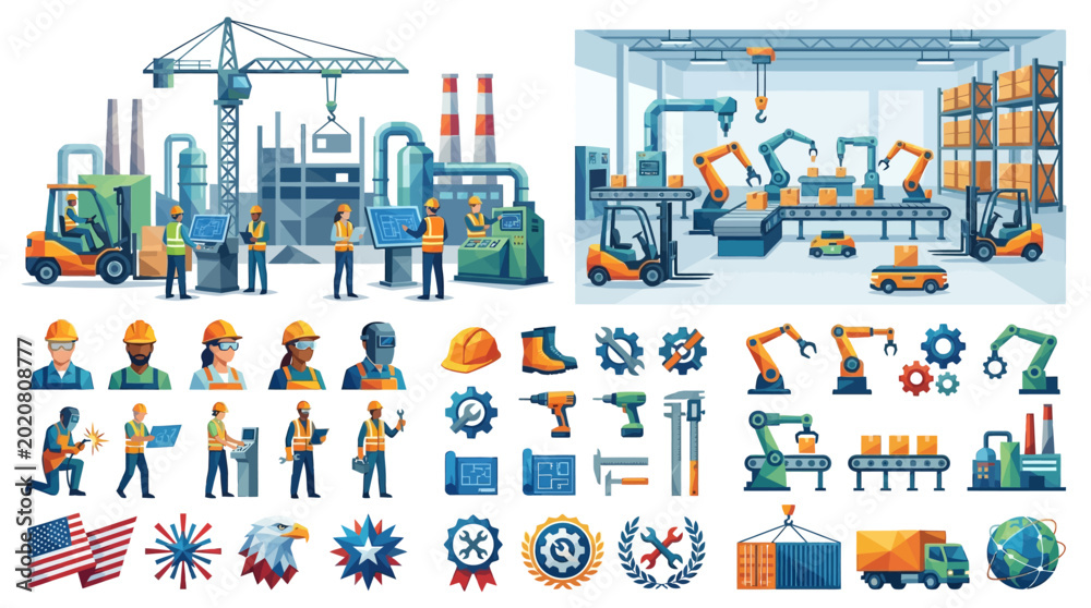 Fototapeta premium Geometric Labor Day Industrial Worker Bundle Featuring Modern Factory Equipment and Engineering Activity Scenes Representing Advanced Manufacturing and Workforce Innovation Concept