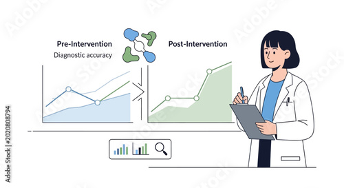 Doctor analyzing diagnostic accuracy charts pre and post intervention, medical research concept
