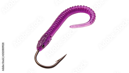 Valokuva Long soft purple flexible worm toy or soft plastic fishing bait lure on transpar
