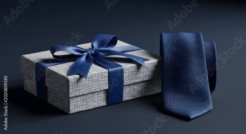 Elegant blue necktie and a matching gift box with a bow on a dark background