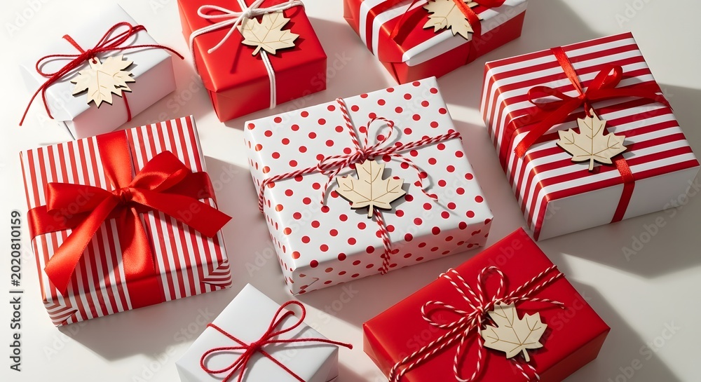 Fototapeta premium Various gift boxes wrapped in red and white paper with maple leaf tags isolated on white background