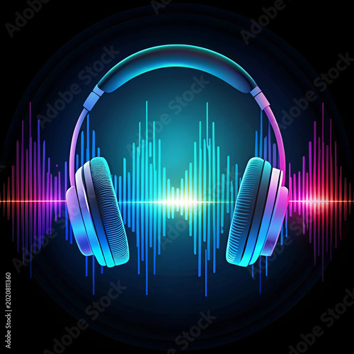 A headphone illustration with a flowing music