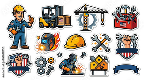 Industrial Labor Day Sticker Collection Featuring Construction Equipment and Worker Tool Action Graphics Representing Creative Workplace Culture and Industrial Celebration Concept