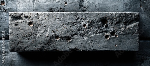 Close-up of a weathered, rectangular brick, with texture and small holes, placed on a rough gray surface