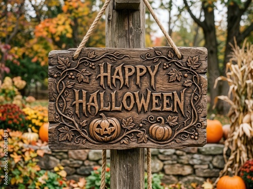 A carved wooden happy halloween sign with pumpkins and leaves on a post