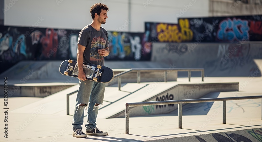 Fototapeta premium Young man holds skateboard in urban skate park on sunny day