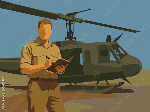Obraz na plátně A journalist documents a combat helicopter amidst a desert backdrop
