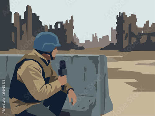Foto A war correspondent films amidst devastated ruins, wearing a helmet and protective gear
