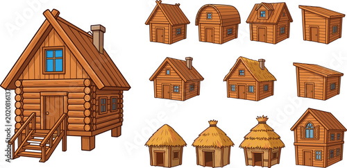 Schilderij op canvas Collection of Wooden Village Houses and Rustic Cabins with Thatched Huts Isolate