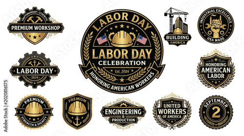 Luxury Gold Labor Day Emblems Featuring Premium Industrial Badge Designs and Elegant Workshop Symbols Representing Professional Craftsmanship and High End Worker Identity Concept