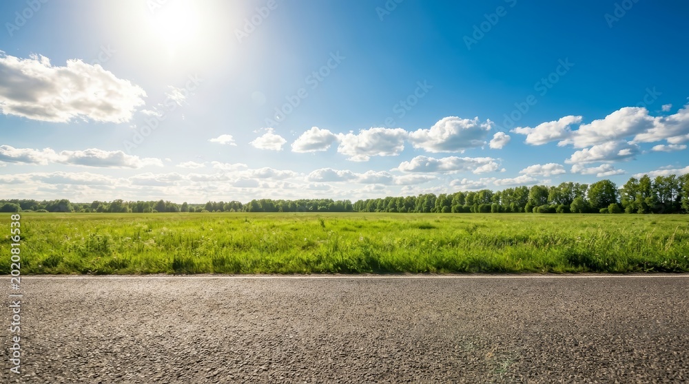 Fototapeta premium A scenic view of a green meadow and blue sky seen from the road.