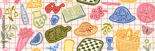 Seamless vector pattern with colorful cut out stickers of picnic food and decor. Wide banner with various countryside and cottagecore doodle objects. Whimsical ink silhouettes background